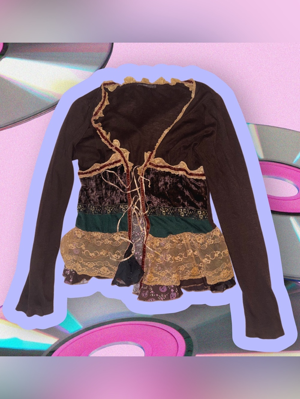 Hazel 90’s Boho Lace-Trim Brown Patchwork Long Sleeve Jacket
